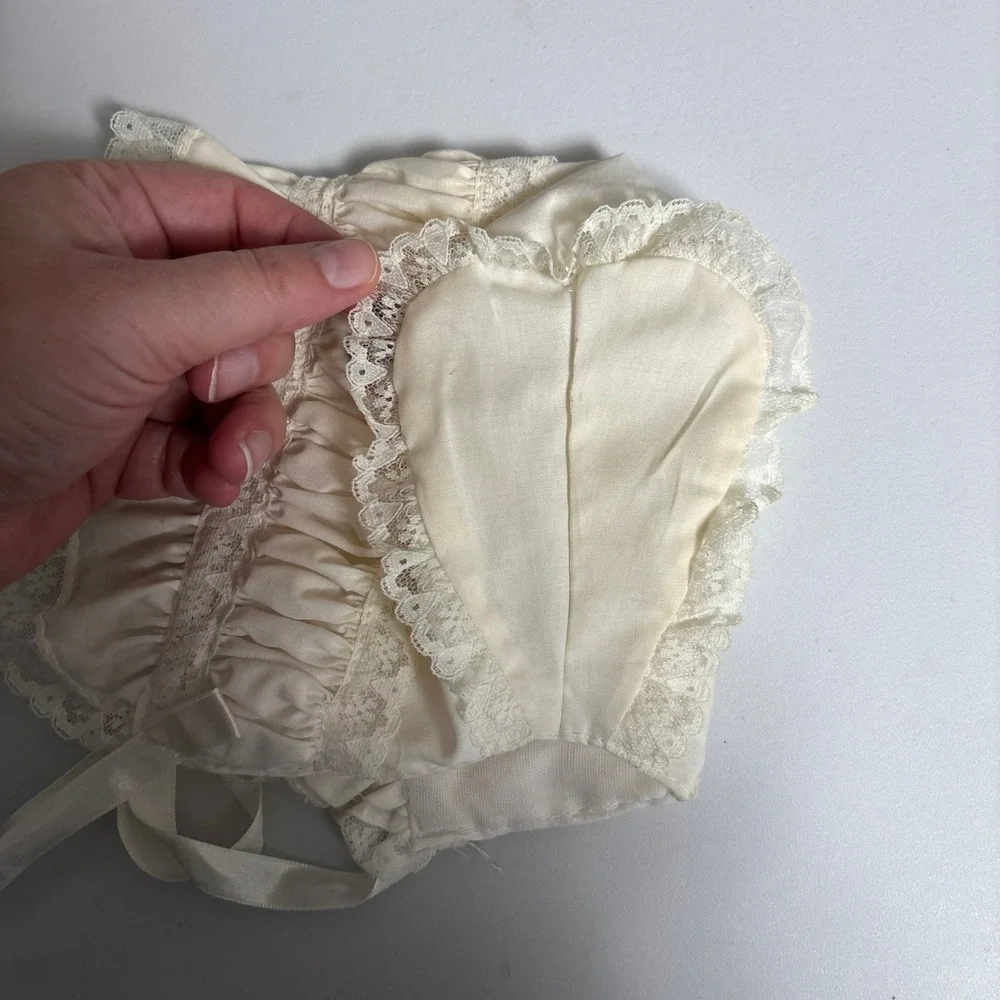 Vintage Baby Bonnet Cream Lace Ruffle Floral Embroidery Ribbon Heart Christening